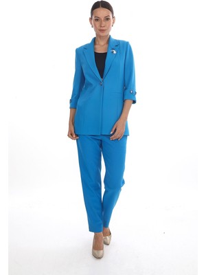White Diamond Broş Detaylı Ceket Takım 40 - Saks Mavi