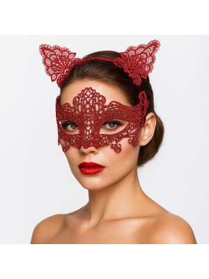 Go İthalat Romantik Kırmızı Dantel Maske Seti – Kedi Kulaklı Taç ve Maske 3 No (5440)