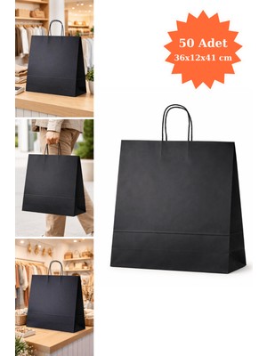 Plas+Plus Elit Burgu Saplı Kraft Çanta Siyah Fsc Sertifikalı Kağıt Poşet Butik Hediye Torbası 36X12X41 cm 50LI