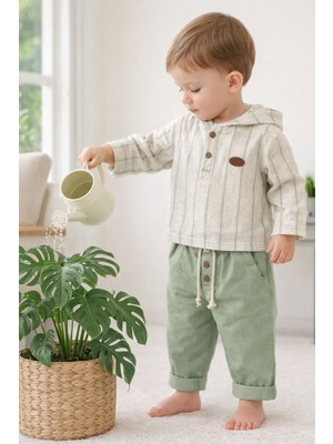 Baby Hola Müslin Kumaş Kapüşonlu Üst ve Pantolon Erkek Bebek Ikili Takım Set Babyhola 2219