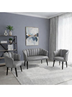 Azra Mobilya Papatya Deri Berjer Takımı | 2 Tekli + 1 Ikili Koltuk | Balkon Ofis Kafe Için | Demonte Ayaklı Gri