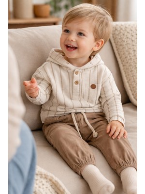 Baby Hola Müslin Kumaş Kapüşonlu Üst ve Pantolon Erkek Bebek Ikili Takım Set Babyhola 2219