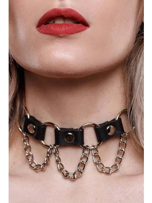 MOTTO10 Butik Zincir ve Halka Detaylı Deri Choker Tasma Boyunluk Aksesuar - APFT662