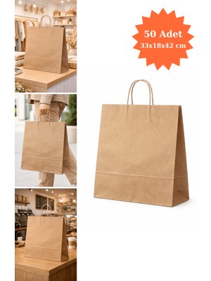 Plas+Plus Burgu Saplı Kraft Çanta Kağıt Poşet Butik Mağaza Hediye Tatlı Torbası 33X18X42 cm 50LI