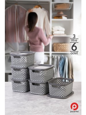 Pazarika 6 Adet 3 Lt Gri Çok Amaçlı Dolap Içi Düzenleyici Kapaklı Kutu, Dekoratif Saklama Kutusu