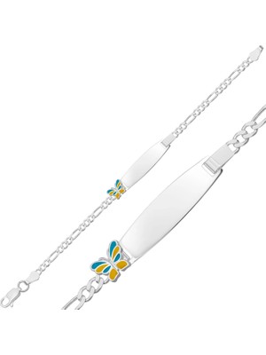 Inure Jewelry Kişiye Özel Sarı Mavi Kelebek Figürlü Gümüş Çocuk Künyesi