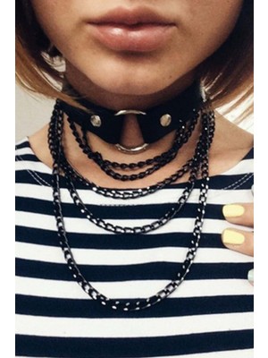 MOTTO10 Butik Siyah Zincir Detaylı Deri Choker - APFT664