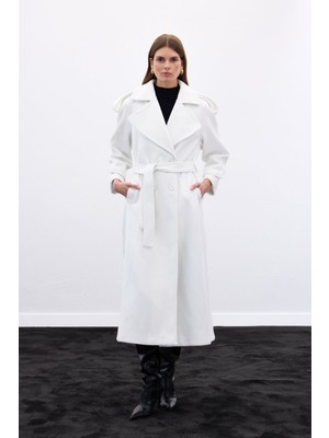 Sateen Geniş Yaka Uzun Kaban - Ekru