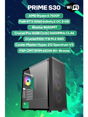 Game Garaj Prime S30 Amd Ryzen 5 7500F 16GB Ram 1tb SSD RTX5060 Freedos Oyuncu Oem Paket