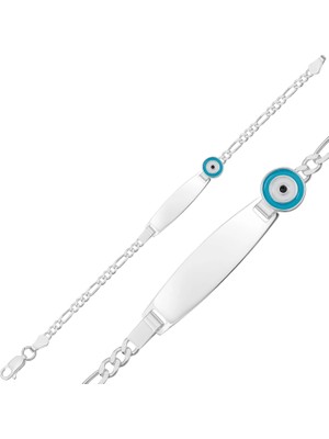 Gumush Kişiye Özel Açık Mavi Nazar Figürlü Gümüş Çocuk Künyesi