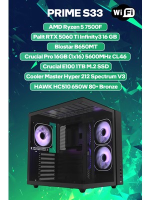 Game Garaj Prime S33 Amd Ryzen 5 7500F 16GB Ram 1tb SSD RTX5060TI 16GB Freedos Oyuncu Oem Paket