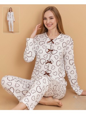 Eta Kadın Kalp Desenli Bağcıklı Pijama Takımı – Uzun Kollu Rahat Ev & Uyku Giyimi