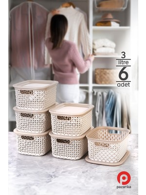 Pazarika 6 Adet 3 Lt Krem Çok Amaçlı Dolap Içi Düzenleyici Kapaklı Kutu, Dekoratif Saklama Kutusu