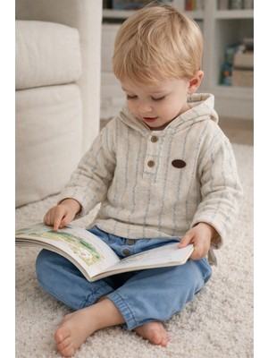 Baby Hola Müslin Kumaş Kapüşonlu Üst ve Pantolon Erkek Bebek Ikili Takım Set Babyhola 2219