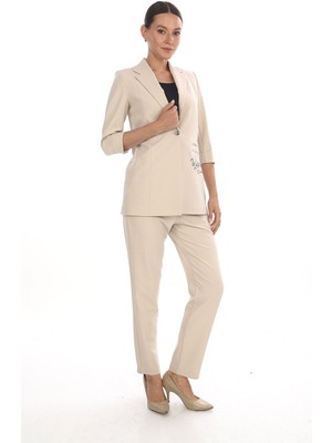 White Diamond Cep Baskılı Ceket Takım 42 - Bej