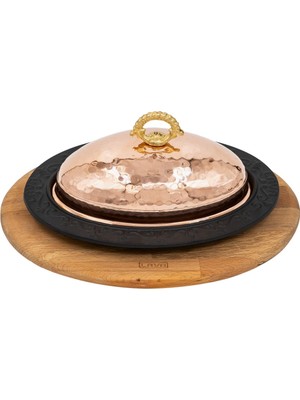 Lava Döküm Oval Döner, Kebap Tabağı Kayın Servis Ahşabı ve Bakır Dövme Formlu Kapak Ölçü 32x23cm.
