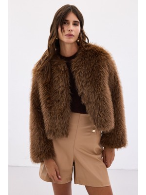 Sateen Yakasız Kürk - Kahve