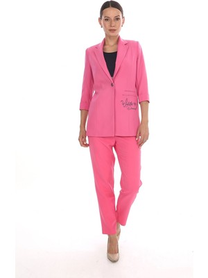 White Diamond Cep Baskılı Ceket Takım 44 - Pembe