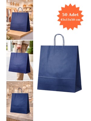 Plas+Plus Elit Burgu Saplı Kraft Çanta Mavi Fsc Sertifikalı Kağıt Poşet Butik Hediye Torbası 45X15X50 cm 50LI