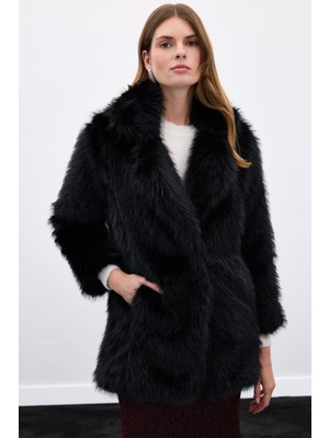 Sateen Çıt Çıt Detaylı Kürk - Siyah