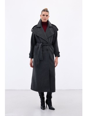 Sateen Geniş Yaka Uzun Kaban - Antrasit