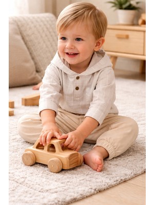 Baby Hola Müslin Kumaş Kapüşonlu Üst ve Pantolon Erkek Bebek Ikili Takım Set Babyhola 2219