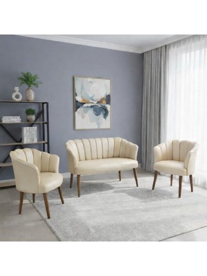 Azra Mobilya Papatya Deri Berjer Takımı | 2 Tekli + 1 Ikili Koltuk | Balkon Ofis Kafe Için | Demonte Ayaklı Krem