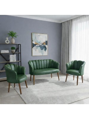 Azra Mobilya Papatya Deri Berjer Takımı | 2 Tekli + 1 Ikili Koltuk | Balkon Ofis Kafe Için | Demonte Ayaklı Yeşil