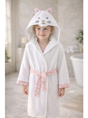 Ely Parker Bebek Çocuk Bornoz Pamuklu Beyaz Kapüşonlu Hayvan Nakışlı