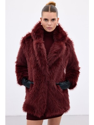 Sateen Çıt Çıt Detaylı Kürk - Bordo