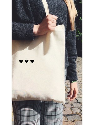 Giftora Siyah Kalp Baskılı Bez Çanta 38X42 cm