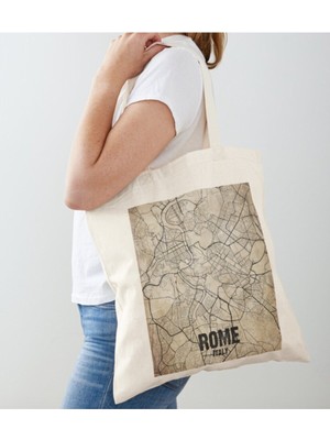 Giftora Vintage Roma Haritası Tasarımlı Ham Bez