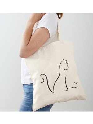 Giftora Cat Minimalizm Baskılı Ham Bez Omuz