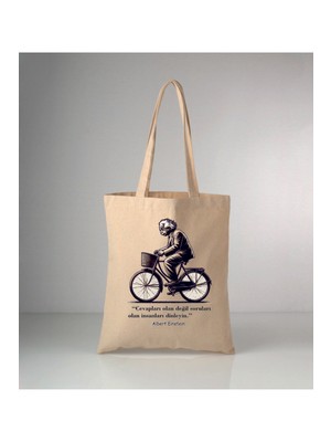 Giftora Albert Einstein Bisiklet Baskılı Ham Bez Omuz Çantası