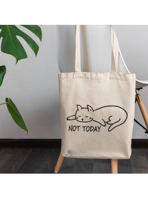 Giftora Not Today Kedi Baskılı Ham Bez Omuz Çantası