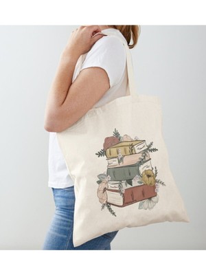 Giftora Kitap ve Çiçek Baskılı Ham Bez Omuz