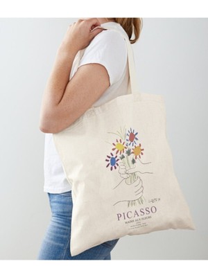 Giftora Picasso Çiçek Tasarımlı Ham Bez Omuz