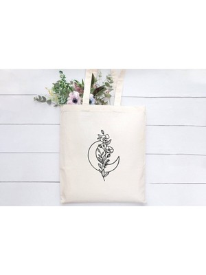 Giftora Çiçekli Ay Tasarımlı Ham Bez Omuz