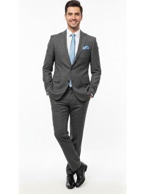 Presto Erkek 4 Drop Regülar Ekose Takım Elbise Füme 479-090