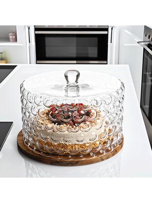 Kosova Cam Pasta Standı Akasya Taban Bubble Desen 28 cm Anh-02