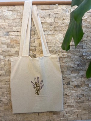 Giftora Lavanta Ahşap Baskılı Omuz Çantası Bez Çanta 35/40