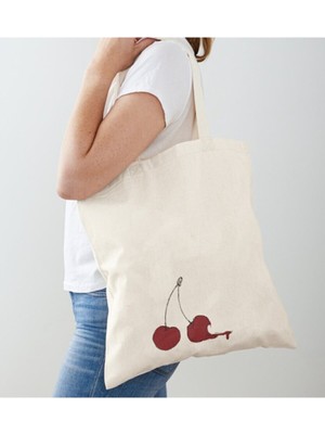 Giftora Minimal Kiraz Baskılı Ham Bez Omuz