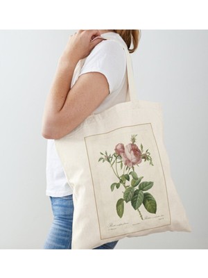 Giftora Gül Rose Baskılı Vintage Tasarımlı Ham Bez Omuz Çantası