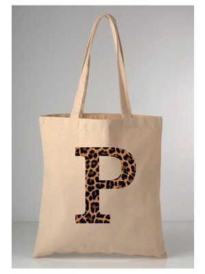 Giftora Leopar Desenli P Harfi Baskılı Ham Bez 35X40 Ekru Omuz Çantası