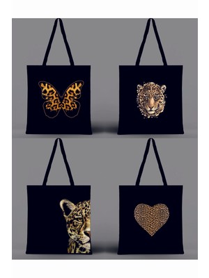 Giftora 4 Adet Leopar Desenli  Baskılı Ham Bez 35X40 Siyah Omuz Çantası