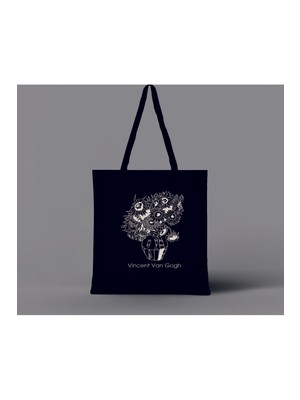 Giftora Van Gogh Ayçiçek Vazo Baskılı Ham Bez Siyah Omuz Çantası