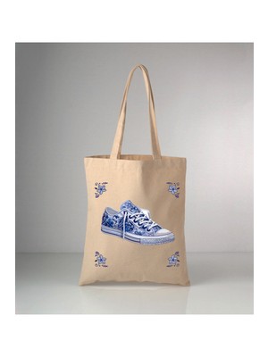 Giftora Özel Seri Delft Blue Ayakkabı Baskılı Ham Bez Omuz Çantası