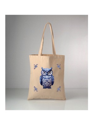 Giftora Özel Seri Delft Blue Baykuş Baskılı Ham Bez Omuz Çantası