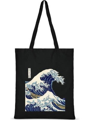 Giftora Kanagawa Dalga Baskılı Siyah Bez Çanta