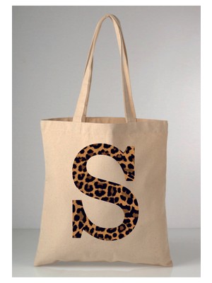 Giftora Leopar Desenli S Harfi Baskılı Ham Bez 35X40 Ekru Omuz Çantası